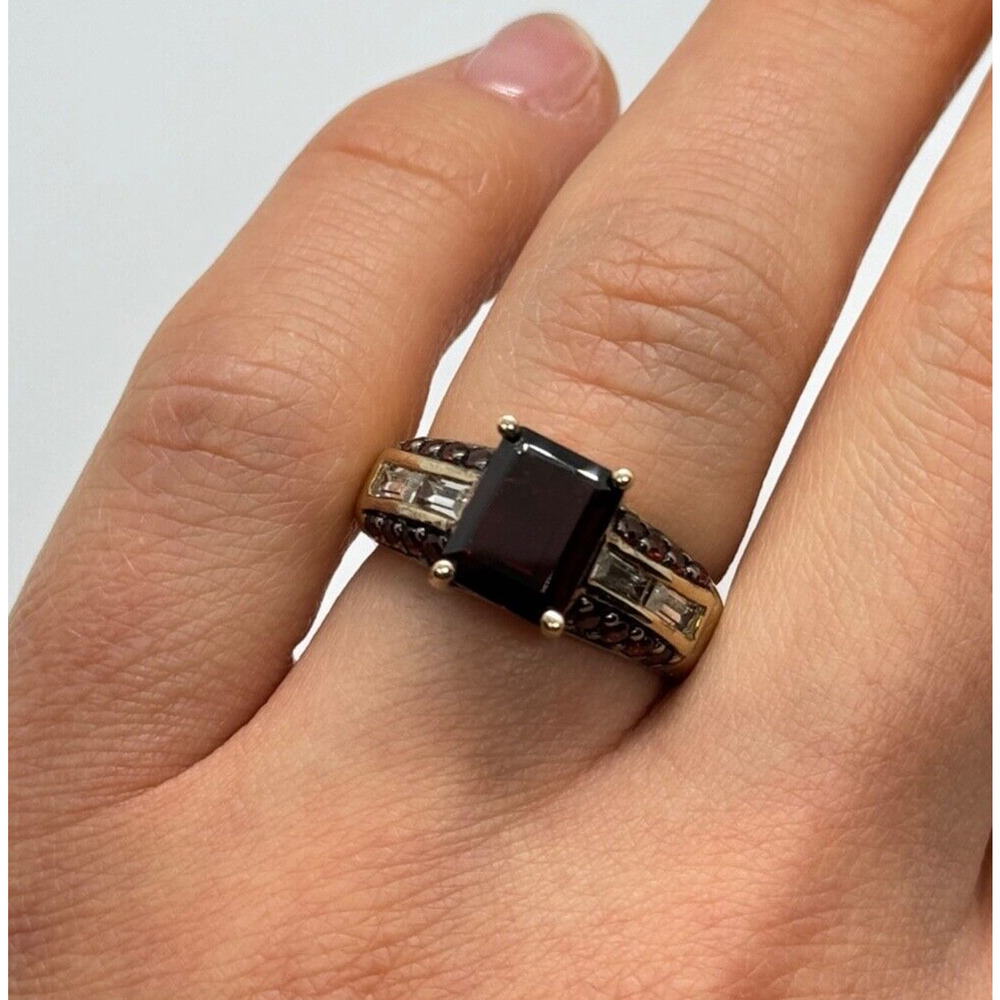 925 Sterling Silver Gold Plated Garnet & Goshenite Ring Size 6